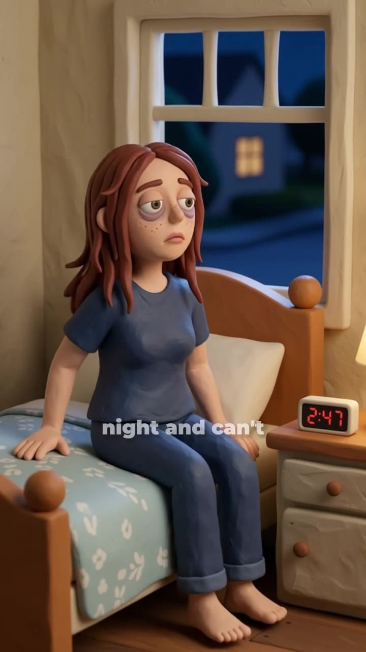 Claymation-style sleep supplement Facebook ad showing a stop-motion character in a bedroom at night